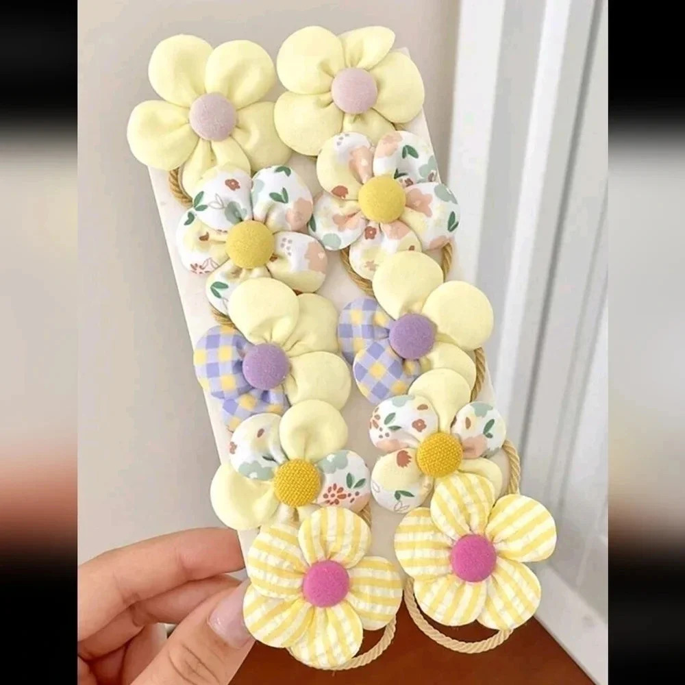 Yellow flower floral 10 piece women's girls elastic hair accessories bands jewel